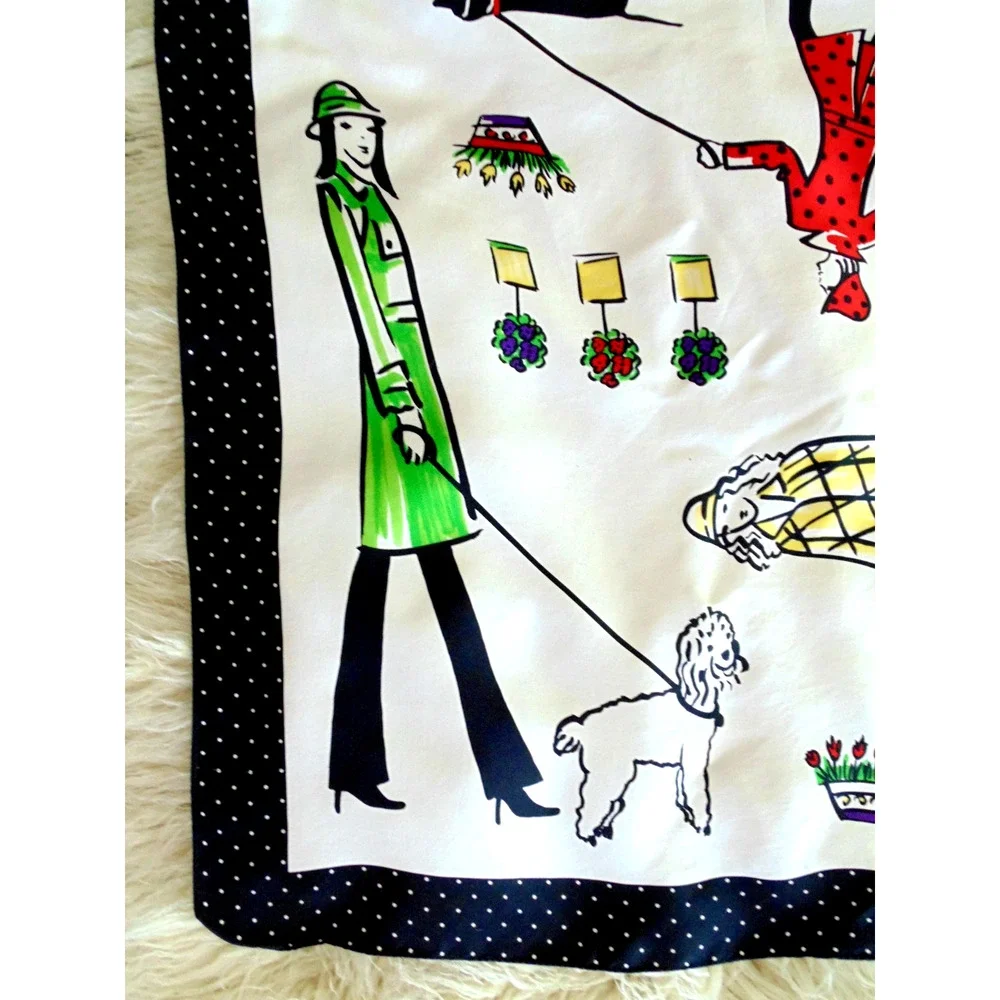 Retro 70s Fashions NY Paris Fashionista Women Walking Dogs Silk Scarf Square